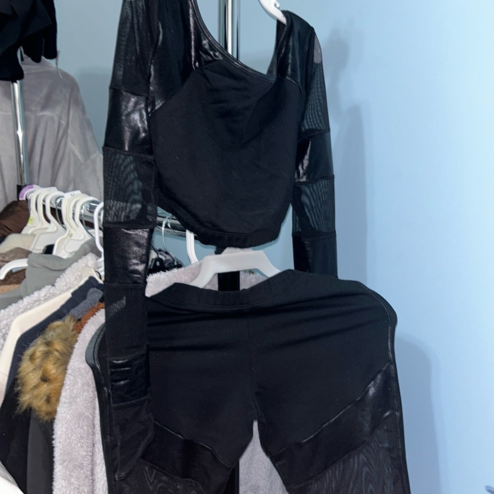 Black two piece black leather and mesh long sleeve and leggings dance costume